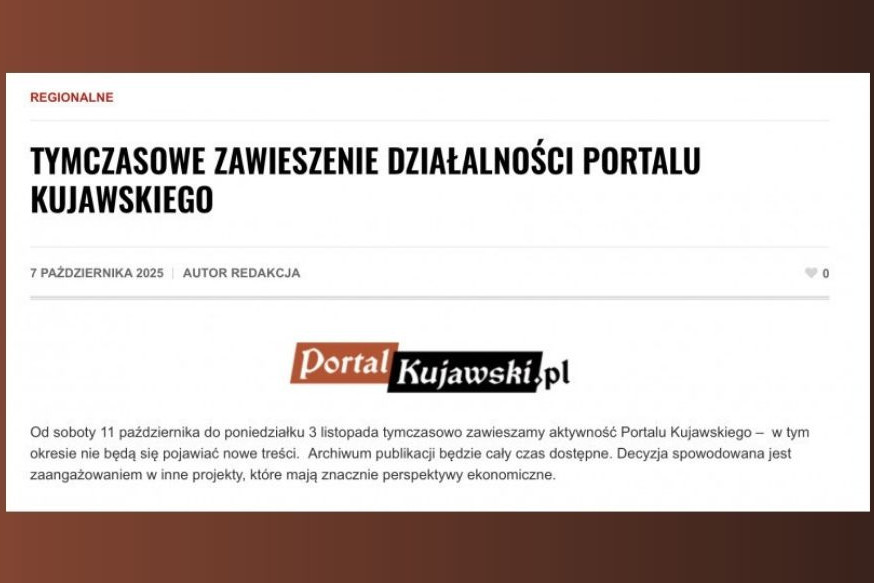 Portal Kujawski przez trzy tygodnie bez nowych treści. Z "powodów rynkowych"