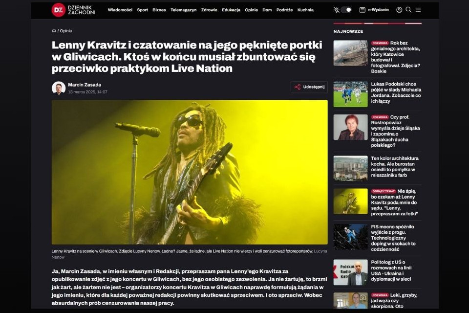 Protest fotoreporterów. Live Nation chciał cenzurować zdjęcia z koncertu Lenny'ego Kravitza